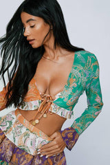 Paisley Spliced Ruffle Coin Trim Cover Up Top