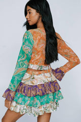Paisley Spliced Ruffle Coin Trim Cover Up Top