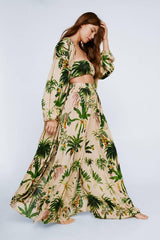 Crinkle Palm Tree Bandeau And Maxi Kimono 3pc Pants Set