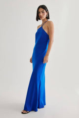 Satin Halter Neck Cowl Back Maxi Dress