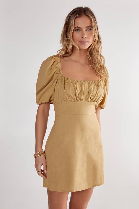 Cotton Puff Sleeve Tie Back Mini Dress