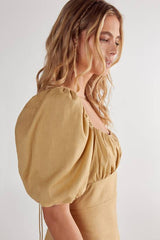 Cotton Puff Sleeve Tie Back Mini Dress