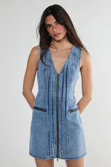 Denim Seam Detail Zip Through Mini Dress