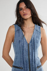 Denim Seam Detail Zip Through Mini Dress