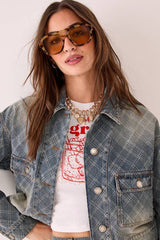 Check Denim Distressed Jacket