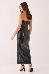 Faux Leather Croc Bandeau Lace Up Maxi Dress