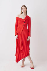 Petite Tailored Crepe Asymmetric Pleated Midi Dress