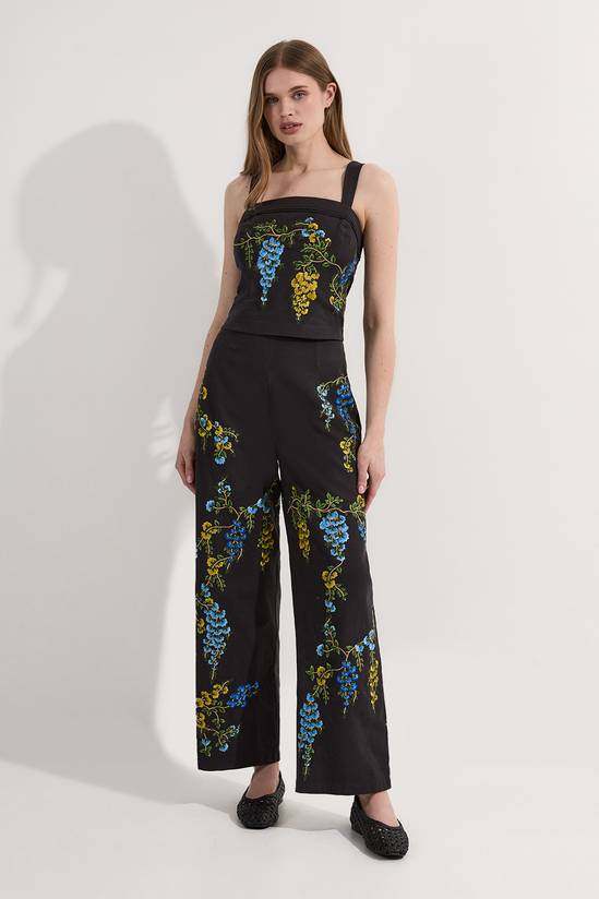 Floral Embroidered Cotton Linen Woven Wide Leg Trousers