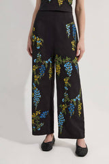 Floral Embroidered Cotton Linen Woven Wide Leg Trousers