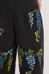Floral Embroidered Cotton Linen Woven Wide Leg Trousers