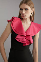 Compact Stretch Taffeta Ruffle Tailored Midi Dress