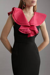 Compact Stretch Taffeta Ruffle Tailored Midi Dress