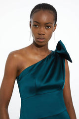 Petite Italian Satin One Shoulder Bow Detail Tailored Midi Dress