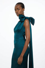 Petite Italian Satin One Shoulder Bow Detail Tailored Midi Dress