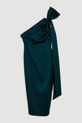 Petite Italian Satin One Shoulder Bow Detail Tailored Midi Dress