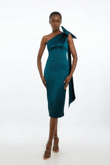 Petite Italian Satin One Shoulder Bow Detail Tailored Midi Dress