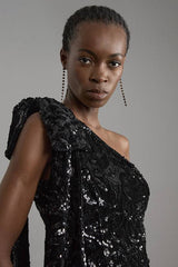 Velvet Sequin One Shoulder Woven Maxi Dress