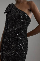 Velvet Sequin One Shoulder Woven Maxi Dress