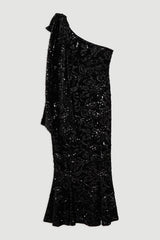 Velvet Sequin One Shoulder Woven Maxi Dress