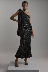 Velvet Sequin One Shoulder Woven Maxi Dress