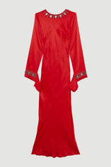 Crystal Embellished Raw Edge Satin Wrap Maxi Dress