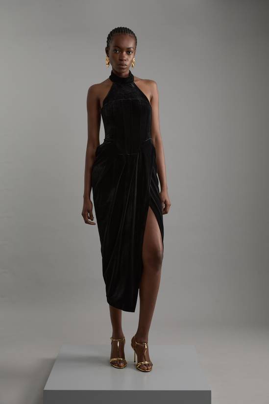 Tailored Velvet Halter Neck Maxi Dress