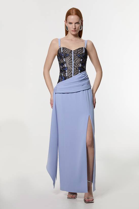 Lace Applique Contrast Corseted Tailored Maxi Dress