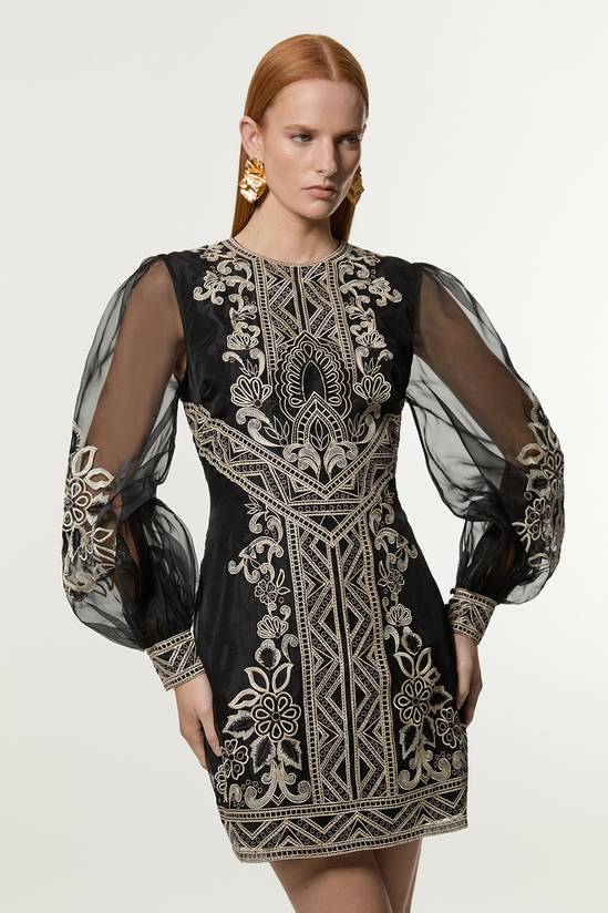 Embroidered Organdie Balloon Woven Mini Dress