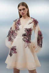 Floral Applique Organdie Woven Balloon Sleeve Mini Dress