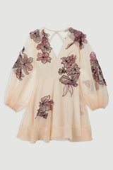 Floral Applique Organdie Woven Balloon Sleeve Mini Dress