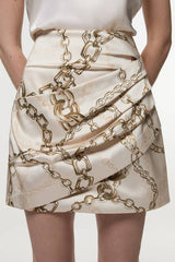 Structured Viscose Satin Chain Print Tailored Ruched Mini Skirt