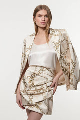 Structured Viscose Satin Chain Print Tailored Ruched Mini Skirt