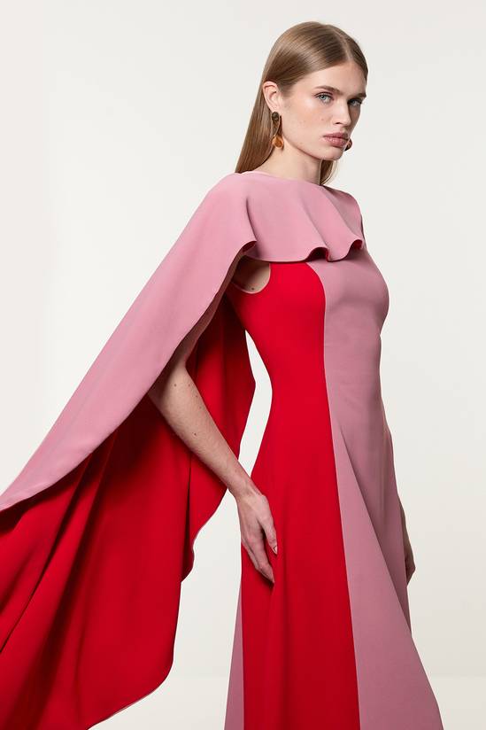 Petite Soft Tailored Colour Block Cape Detail Full Skirted Maxi Dress