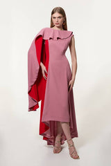 Petite Soft Tailored Colour Block Cape Detail Full Skirted Maxi Dress