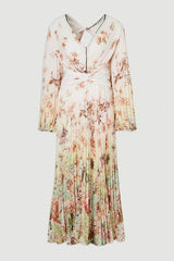 Petite Scattered Floral Balloon Sleeve Pleated Crinkle Cut Out Woven Maxi Dress