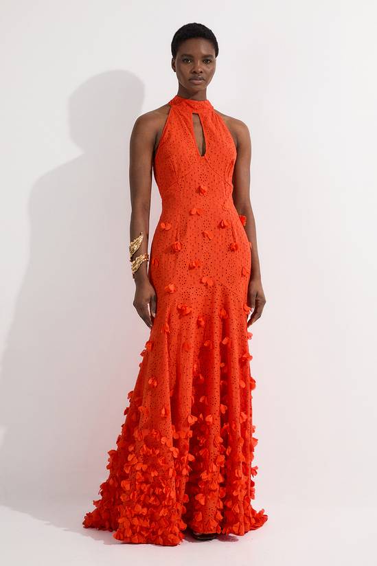 Petal Applique Embellished Broderie Rosette Maxi Dress