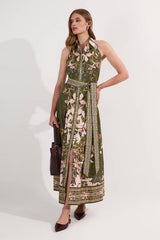 Tall Cotton Sateen Floral Woven Halter Neck Waist Maxi Dress