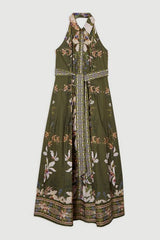 Tall Cotton Sateen Floral Woven Halter Neck Waist Maxi Dress