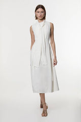 Compact Stretch Viscose Tie Neck Tailored Full Skirted Midi Dress