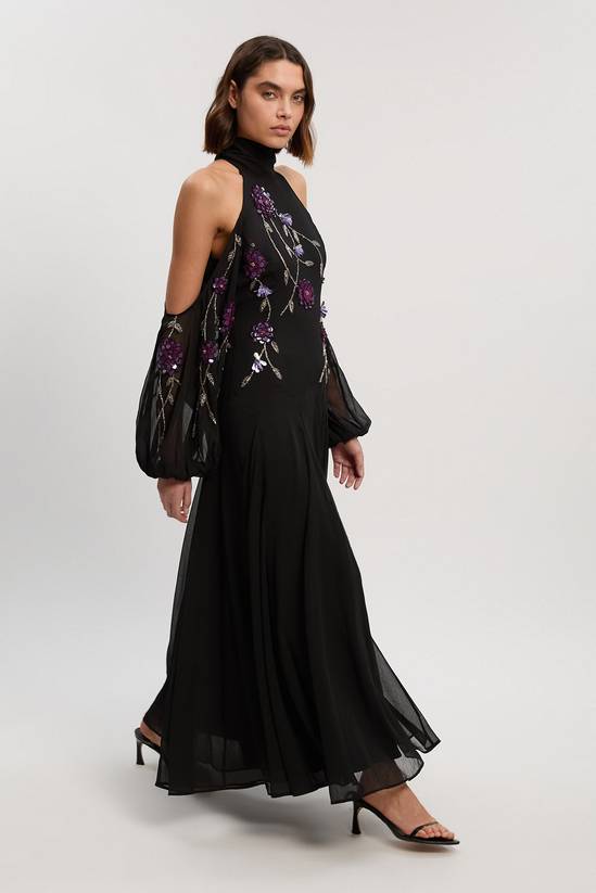 Cold Shoulder 3D Floral Applique Woven Maxi Dress
