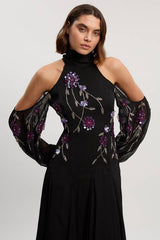 Cold Shoulder 3D Floral Applique Woven Maxi Dress