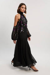 Cold Shoulder 3D Floral Applique Woven Maxi Dress