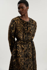 Faux Fur Leopard Collarless Tie Belted Midi Coat