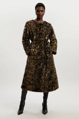 Faux Fur Leopard Collarless Tie Belted Midi Coat