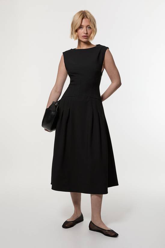 Compact Stretch Open Back Full Skirted Tailored Midi Dress