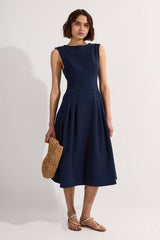 Compact Stretch Open Back Full Skirted Tailored Midi Dress