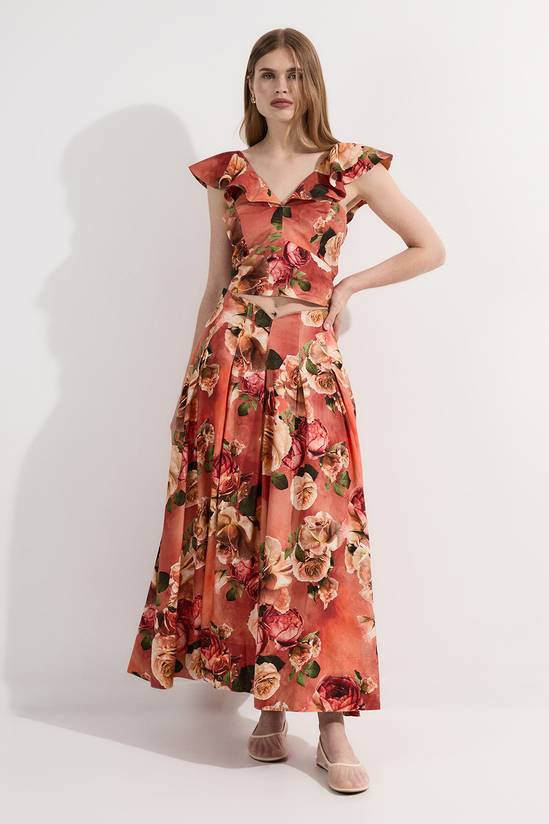 Floral Viscose Linen High Waisted Woven Maxi Skirt