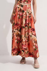 Floral Viscose Linen High Waisted Woven Maxi Skirt