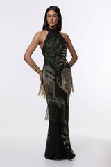 Tropical Beaded Strappy Back Woven Halter Maxi Dress