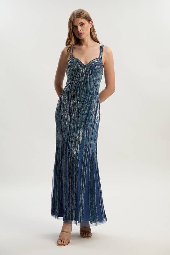 Beaded Contour Sweet Heart Neckline Woven Maxi Dress